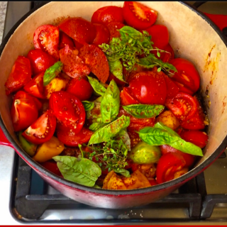 Tomato sauce with companion plants of tomato and basil