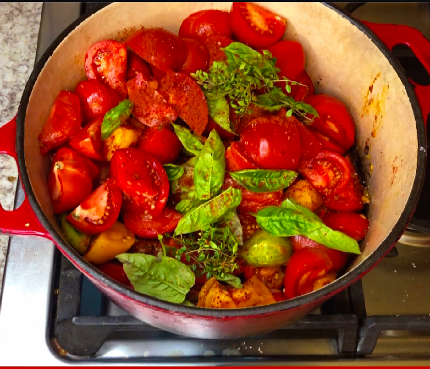 Tomato sauce with companion plants of tomato and basil