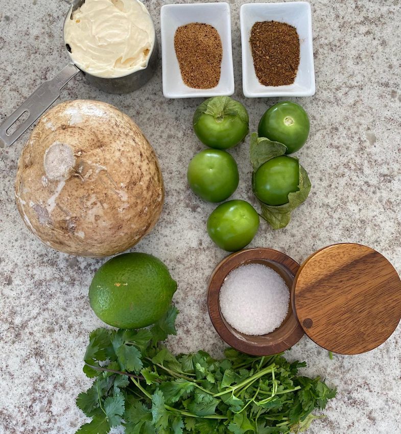 Ingredients for jicama tomatillo slaw