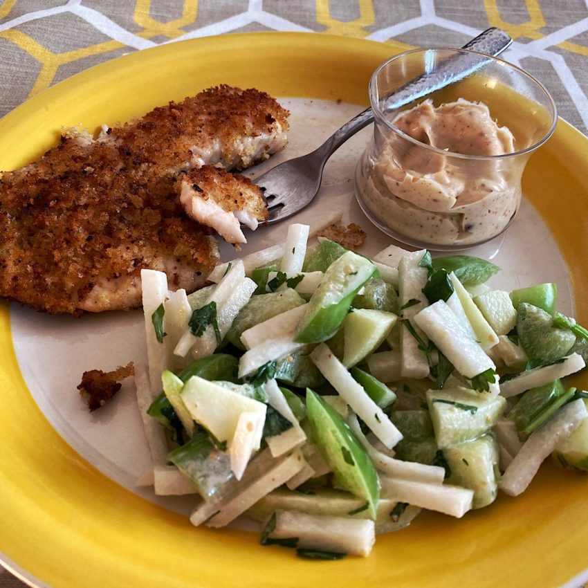 Breaded tilapia with a side of jicama tomatillo slaw