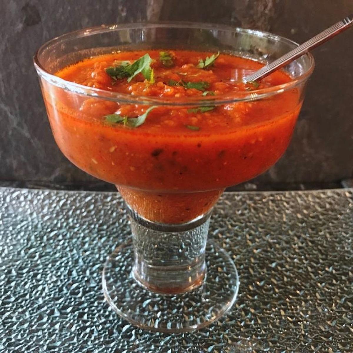 Glass bowl of Gazpacho from Andalusia Spain