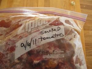 Freezing tomatoes: a freezer bag of smoked Roma tomatoes