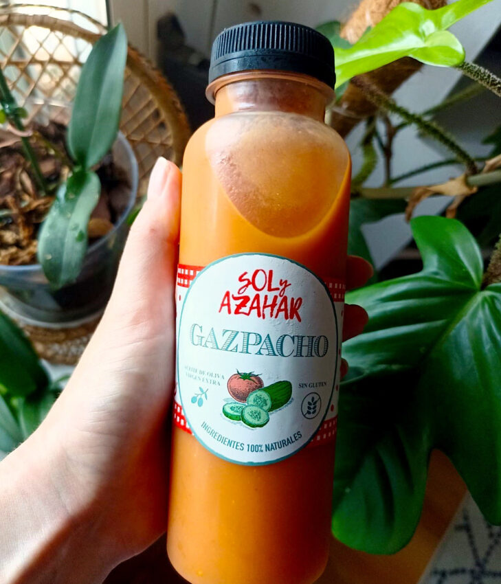 Pre-made bottled gazpacho available in Spanish grocery stores.