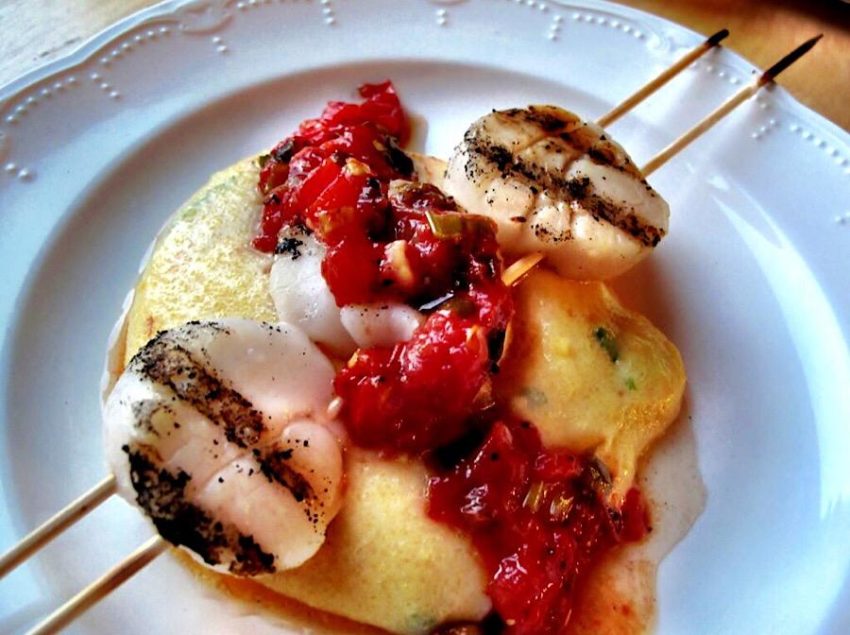 Scallops and Heirloom Tomato Jam over Polenta