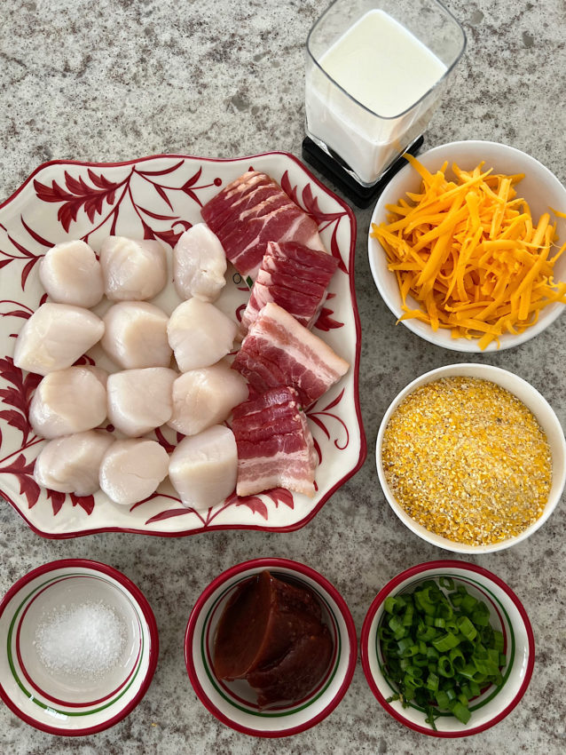 Ingredients needed for scallops with tomato jam over polenta