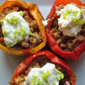 Bell peppers stuffed with pork and chutney