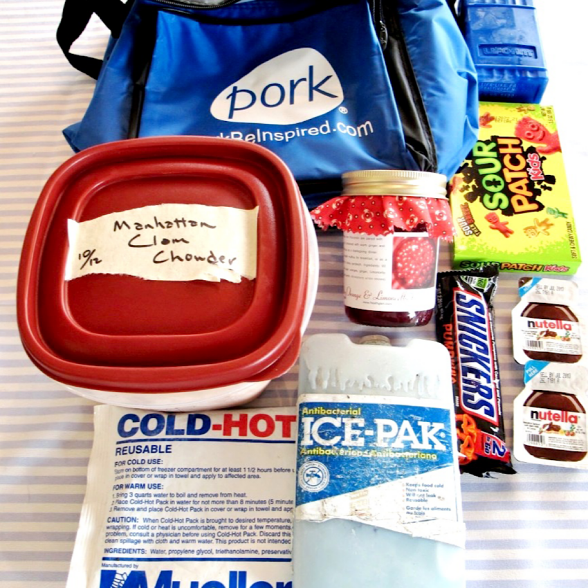 Items to include in a college care package, including ice packs and a variety of food.