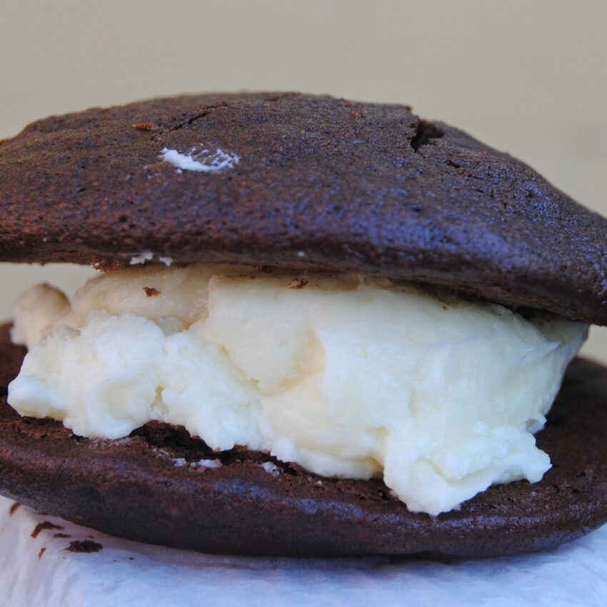 Close up of “Marshmallow Fluff” filling in a whoopie pie.
