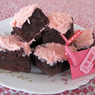 Strawberry brownies with pink rosewater icing