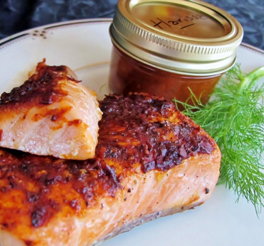 Salmon topped with harissa sauce