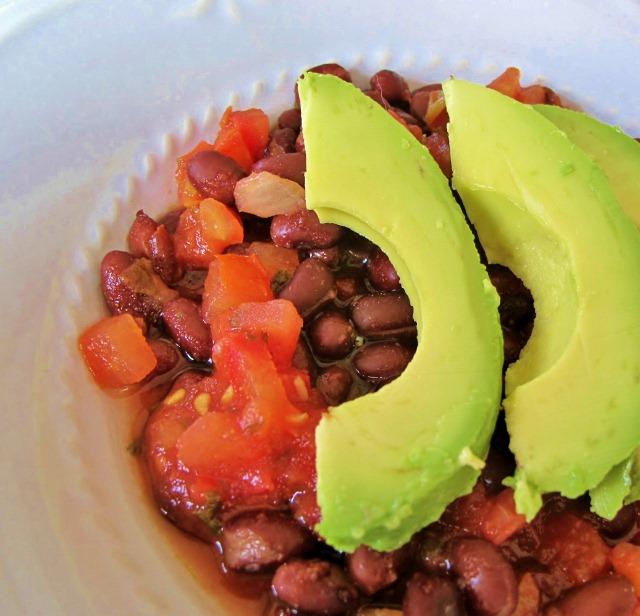 Avocados, beans and salsa for slow carb lunch
