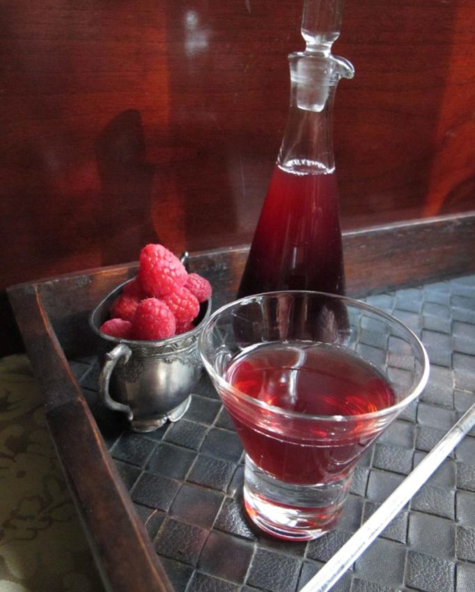 Raspberry Martini made with raspberry shrub syrup