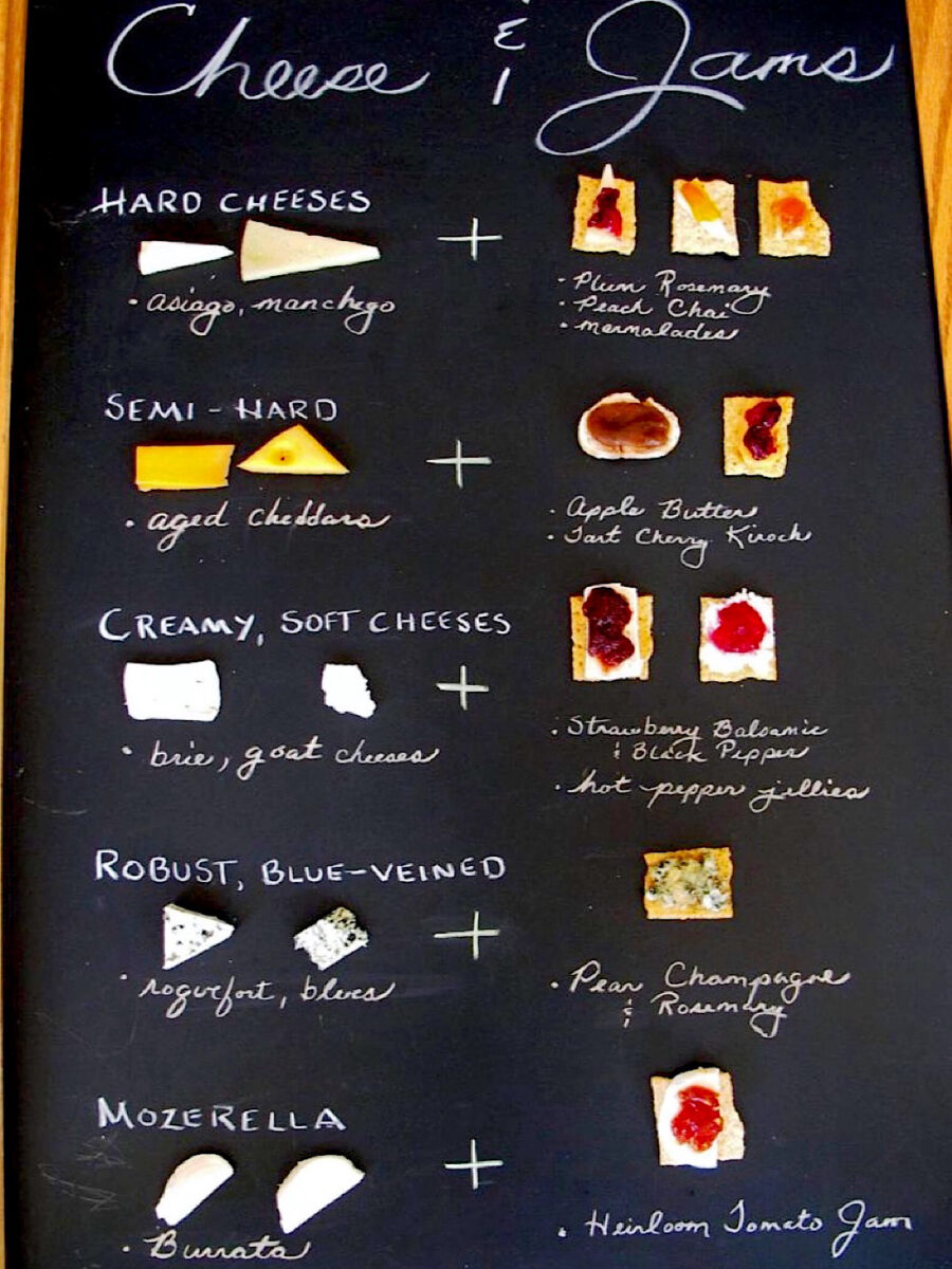 Graphic illustration of cheese and jam pairings on a blackboard.