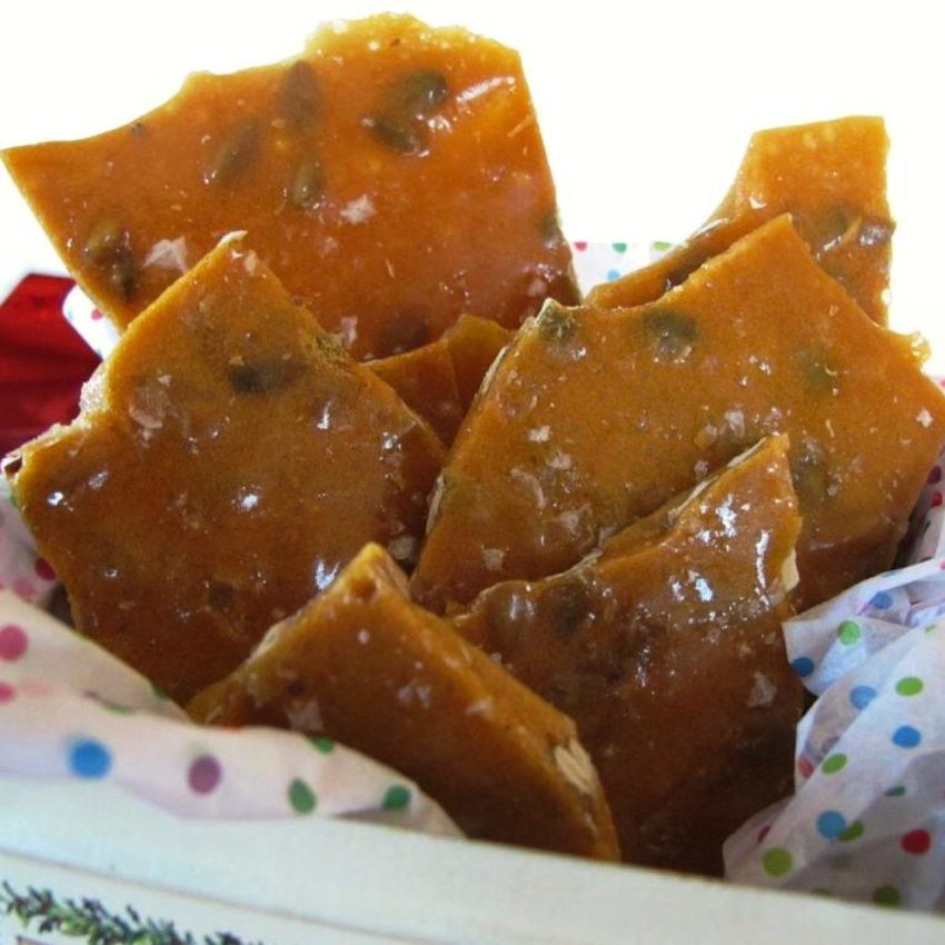 Basket of spicy pumpkin seed peanut brittle, for holiday care packages