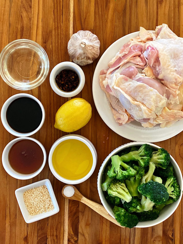 Ingredients for sticky Asian chicken thighs and broccoli