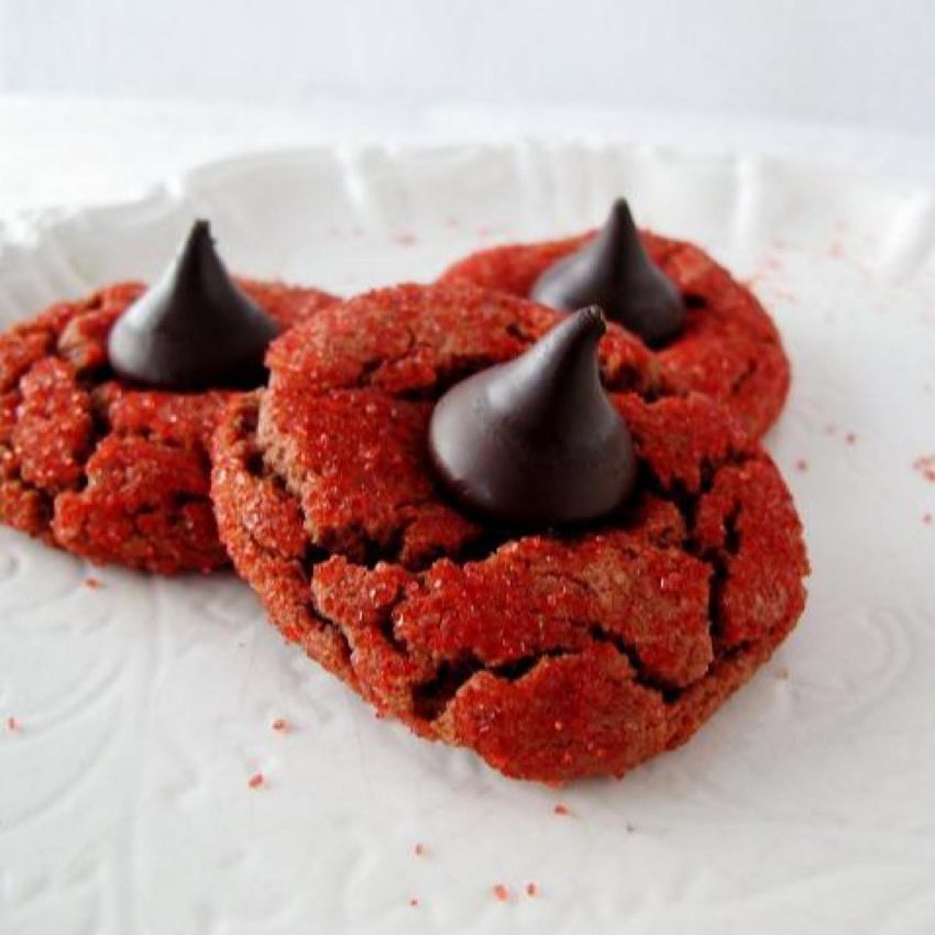 Red velvet peanut butter blossom cookies for Valentines care packages