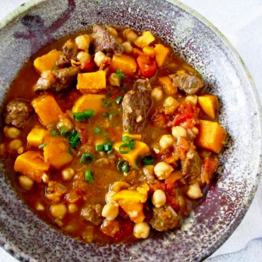 Moroccan Beef and Sweet Potato Stew made in a dutch oven instead of tagine