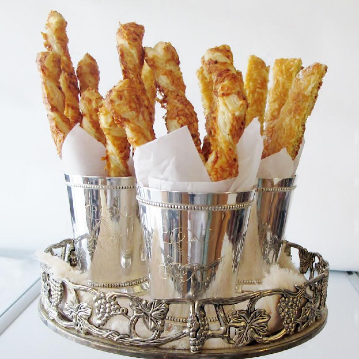 Cheese straws in cups to go with Mint Juleps for Kentucky Derby