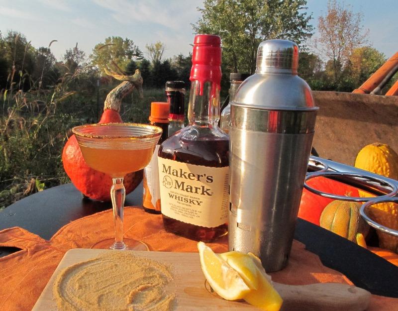 Pumpkin martini and Ingredients in outdoor setting.