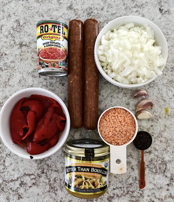 Ingredients for lentil chorizo stew laid out on counter