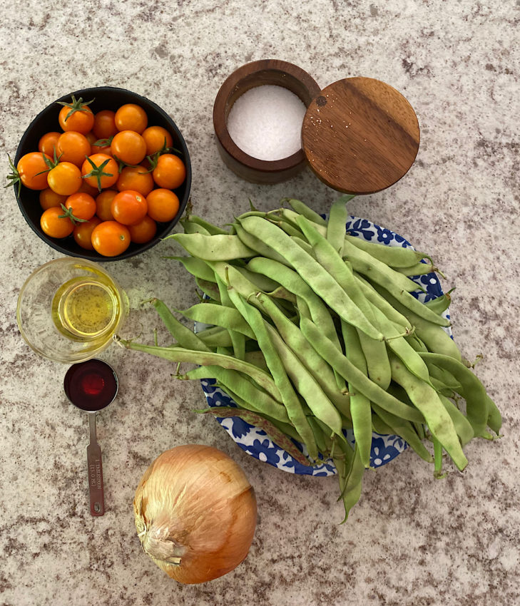 Ingredients for flat beans and cherry tomato saute