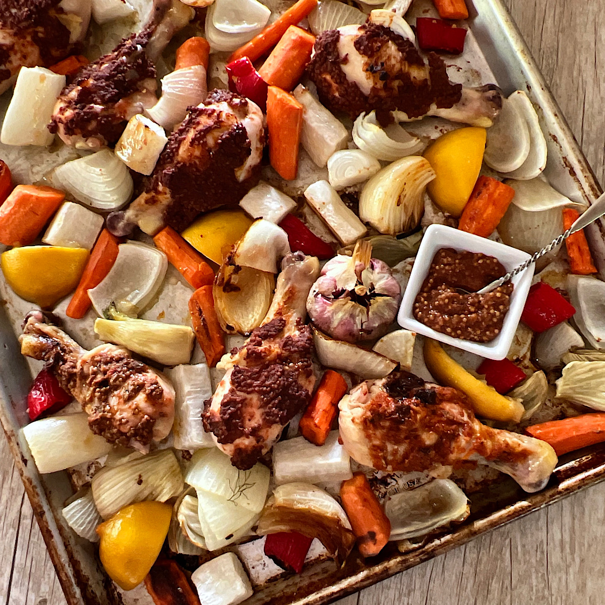 Chicken sheet pan dinner with vegetables and tomato mustard rub.