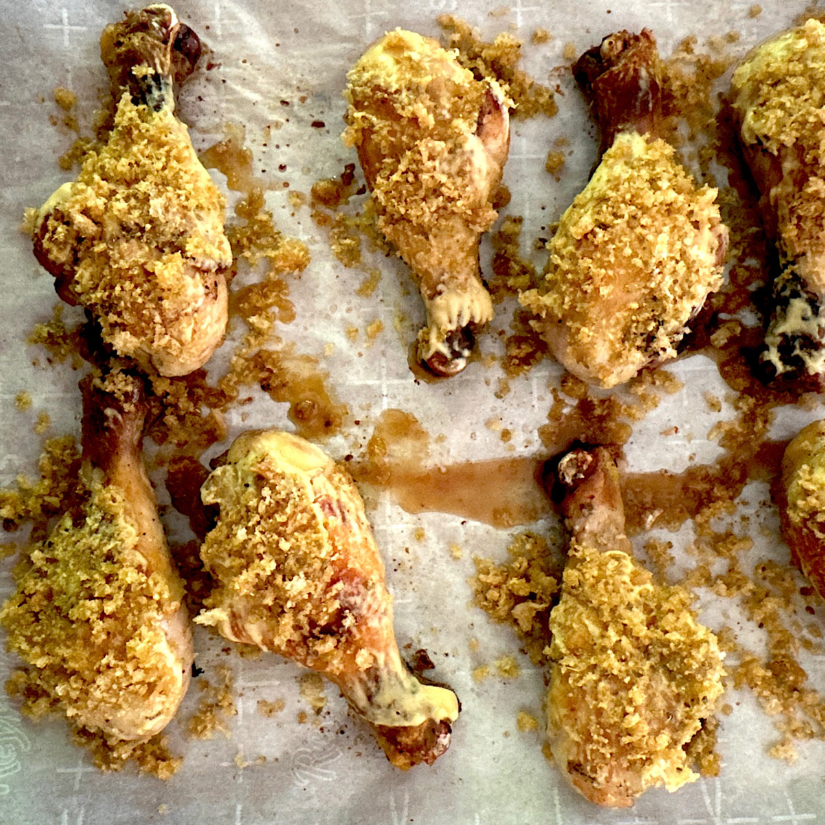 Chicken legs with mustard coating and low carb breading.