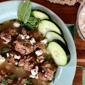 Greek meatballs in a lemon thyme soup broth.