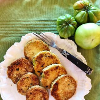 Low carb fried green tomatoes made with Aunt Ruby heirlooms