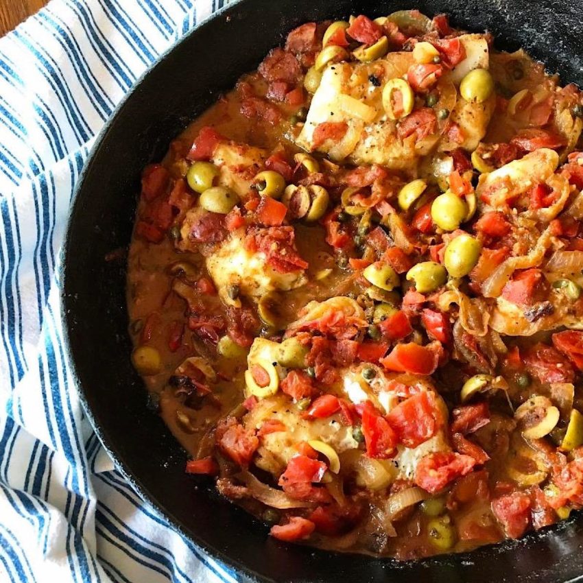 Low carb fish veracruz dinner in iron skillet