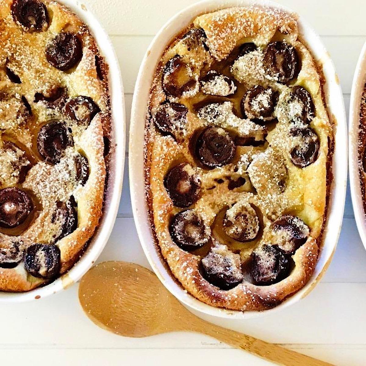 Baking dish of low carb cherry clafoutis dessert