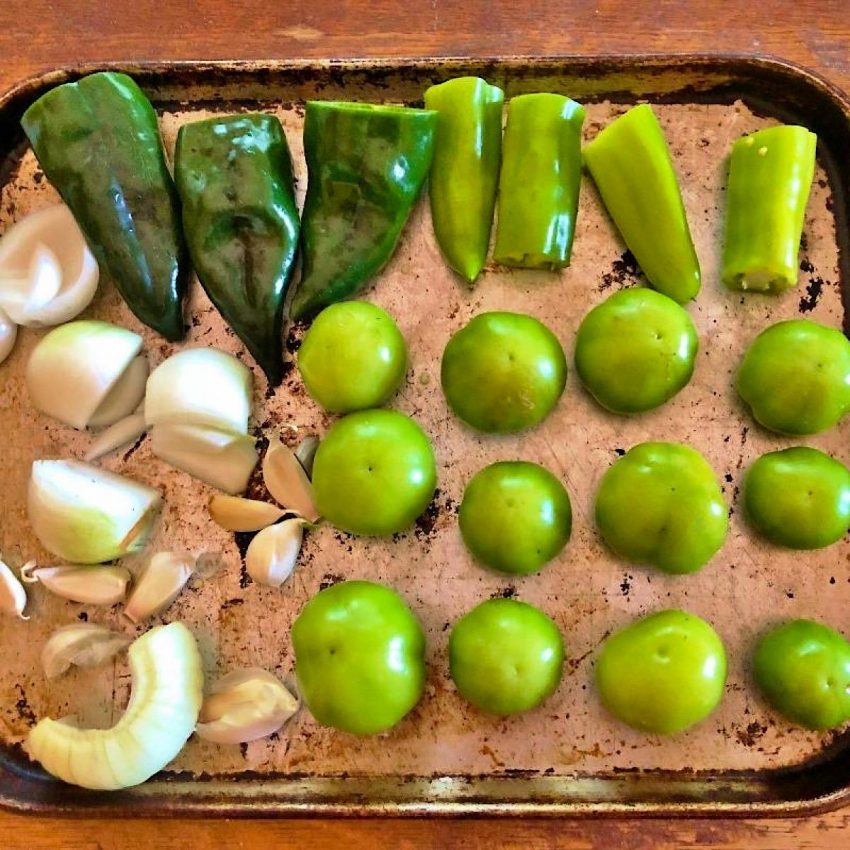 Prep tray of vegetables used to make chile verde sauce