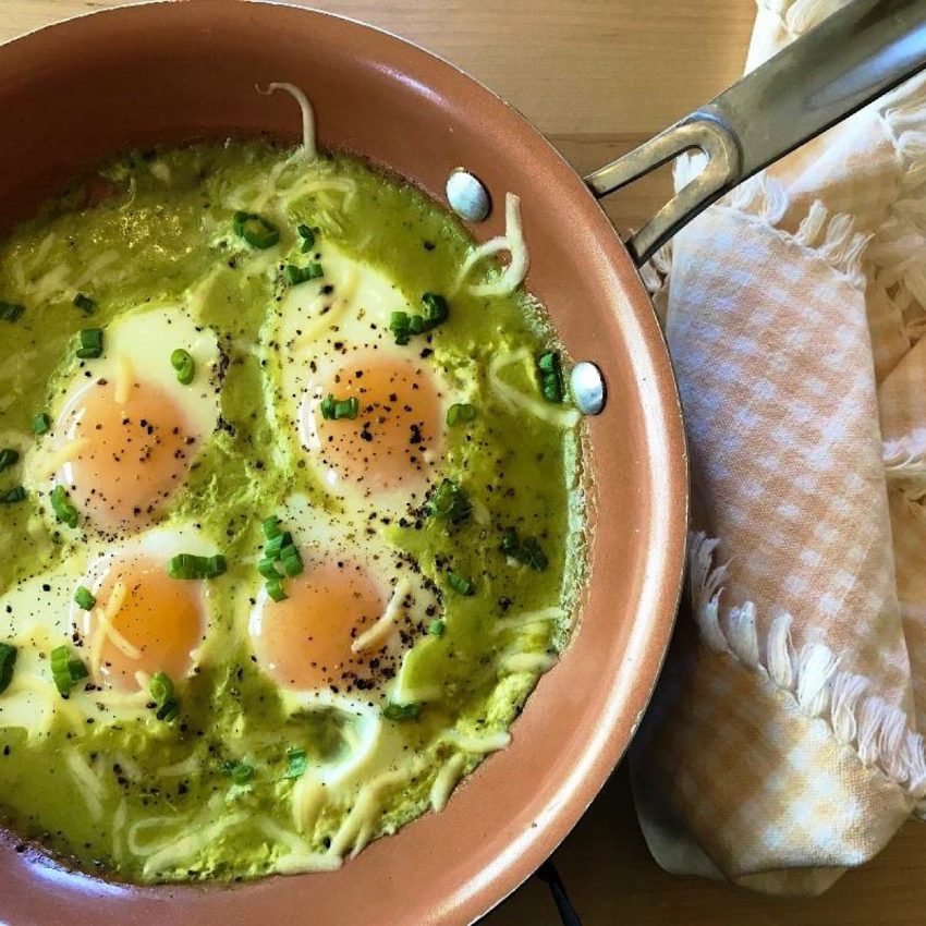 Low carb Mexican baked eggs in chile verde sauce, still in skillet