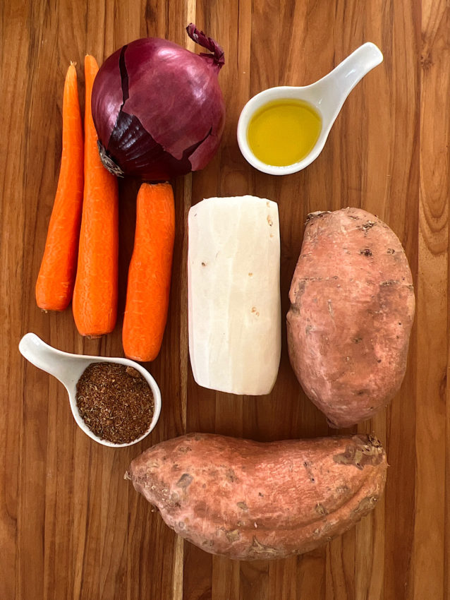 Ingredients for Winter vegetable sheet pan dinner with jerk seasoning rub.