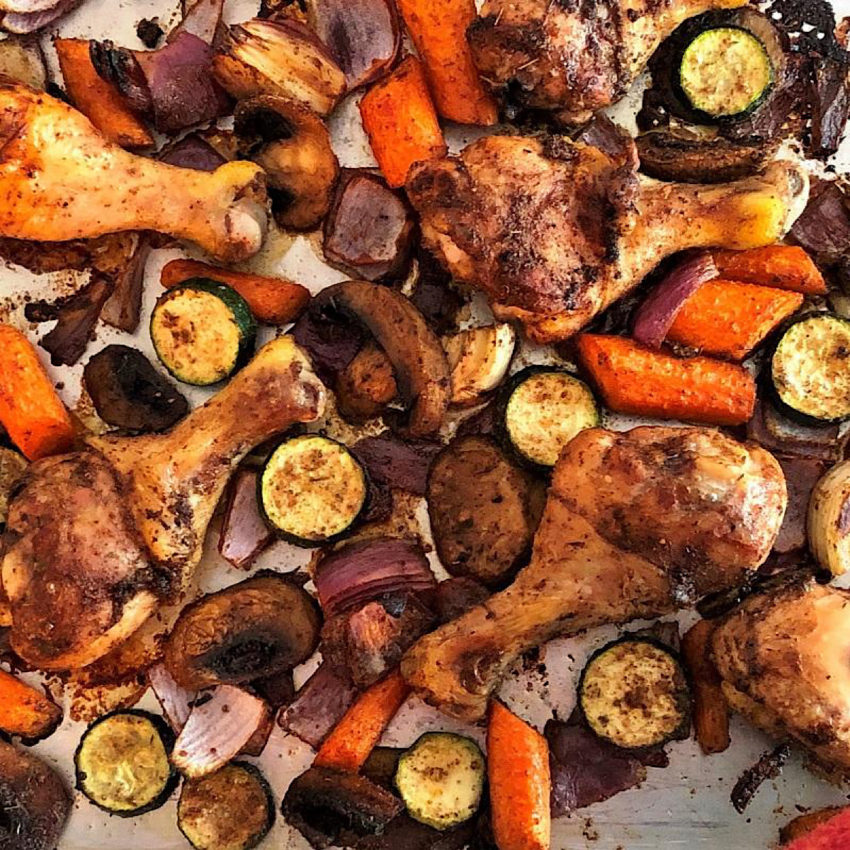 Traybake or sheetpan low carb dinner with chicken legs