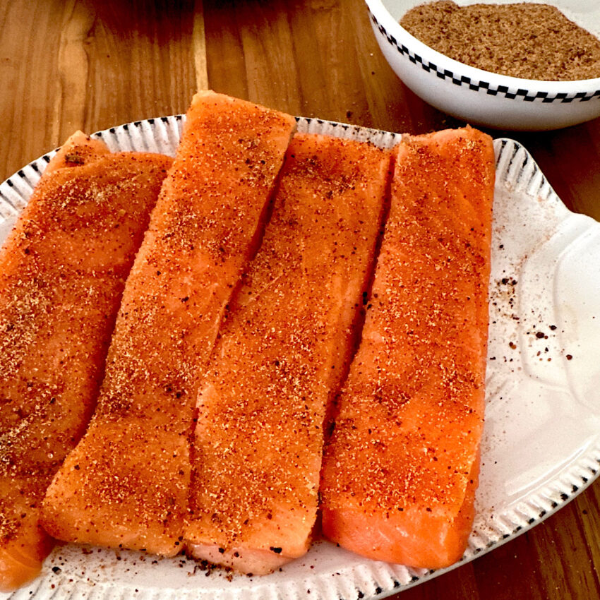 4 salmon filets rubbed with the Mexican spice blend.