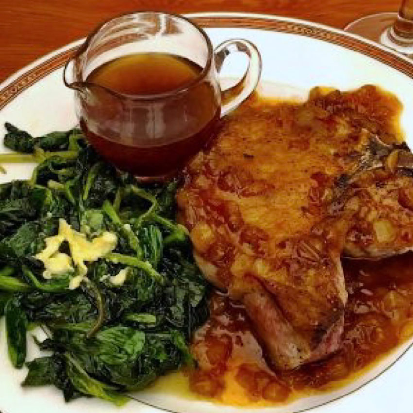 Pork chop and spinach with tomato shrub marinade