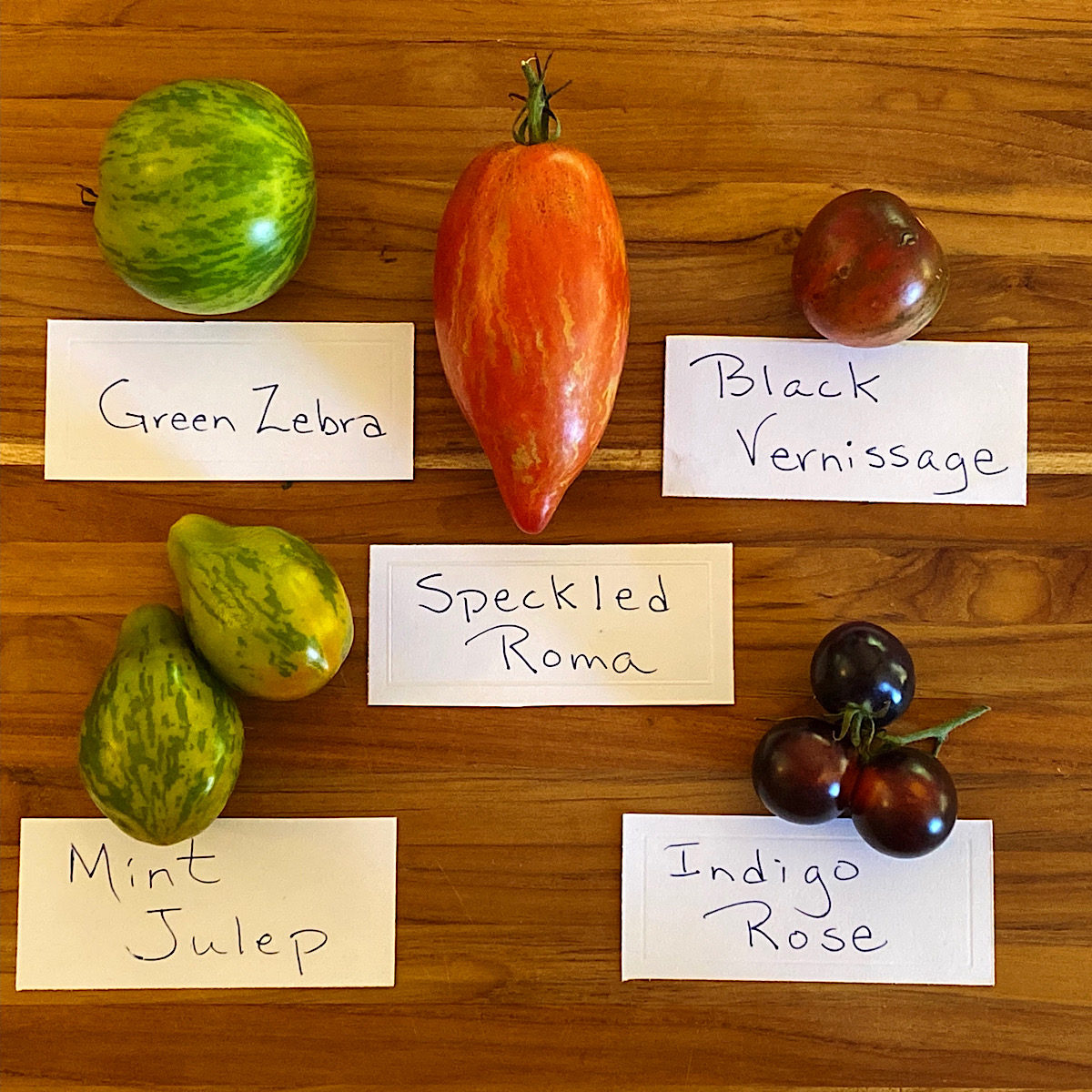 Five different bicolor heirloom tomatoes