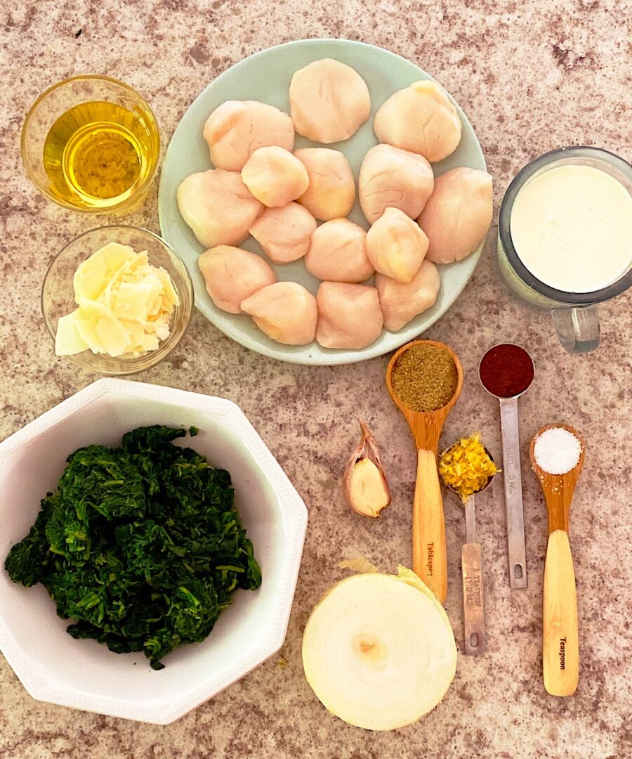Seared Scallops on bed of Creamed Spinach - Farm to Jar