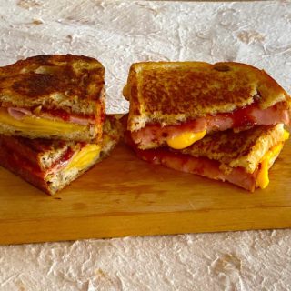 Taste test of 2 grilled cheese with tomato jam; one with velveeta and white bread & one with gouda and bakery grain bread