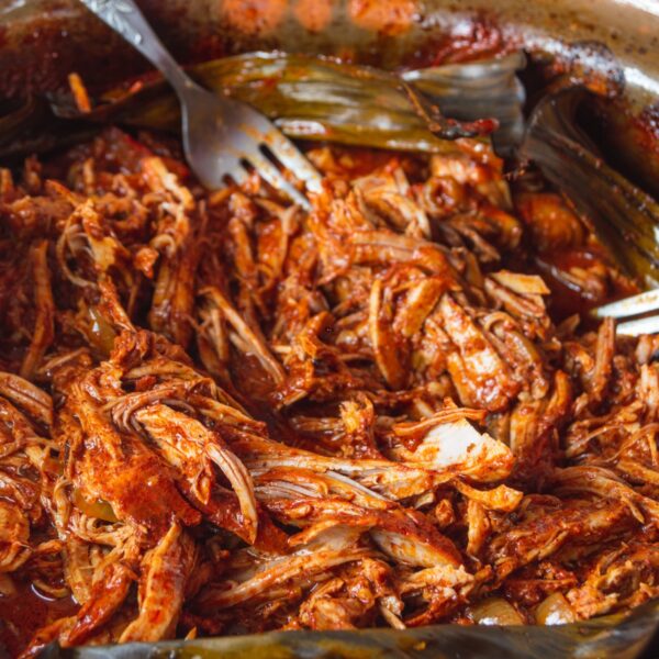 Pulled pork with achiote paste cooked in a slow cooker and being pulled apart with forks.