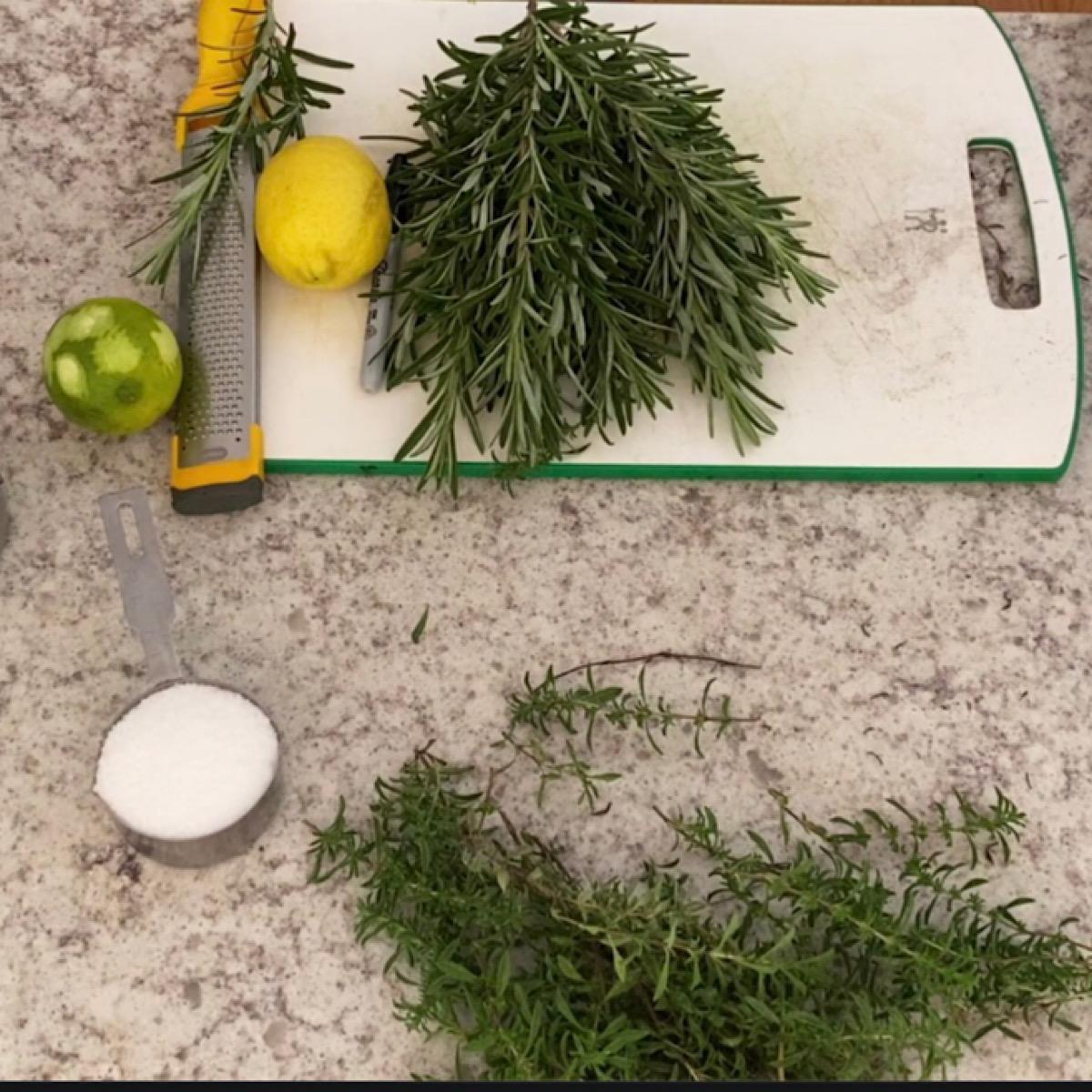 Ingredients for making Mediterranean herbal salt blend