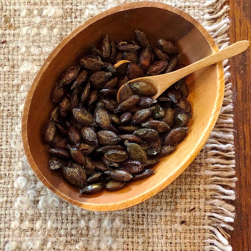 Bowl of roasted seeds from heirloom squash