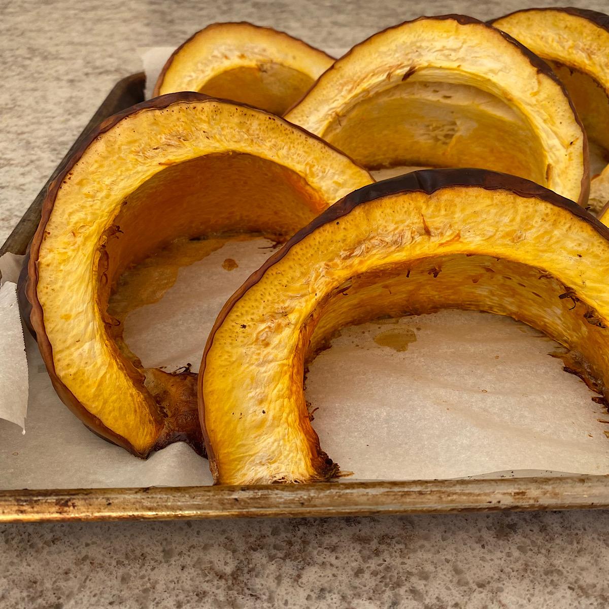 Slices of roasted heirloom Long Island Cheese squash