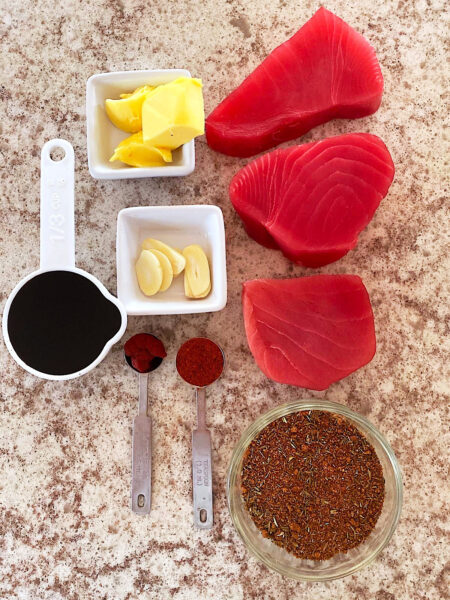 Ingredients for seared tuna and balsamic sauce.