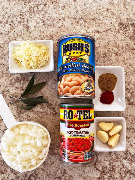 Ingredients for white bean and tomato side dish.