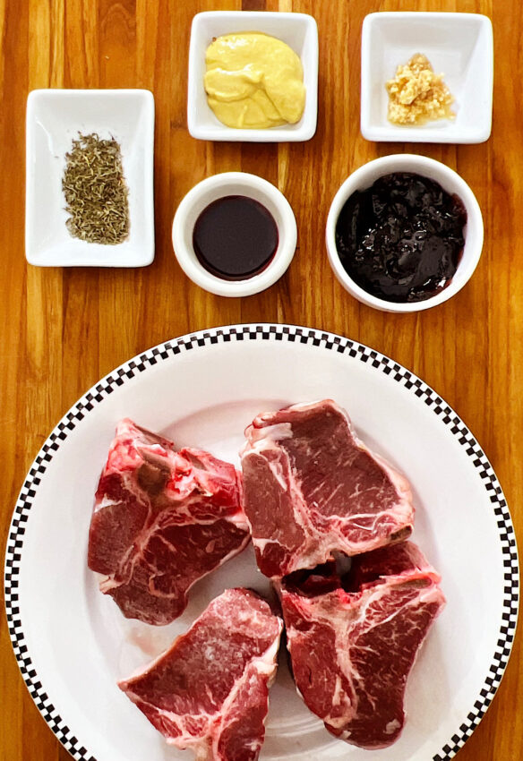 Ingredients for lamb chops and cumberland sauce.