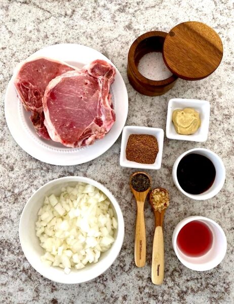 Ingredients for pork chops with  cumberland sauce.