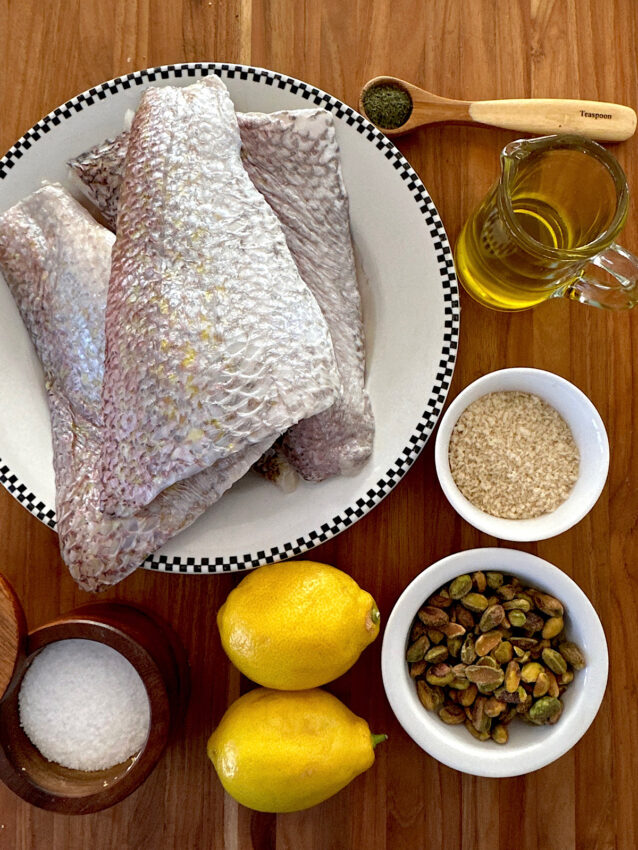 Ingredients for pistachio crusted red snapper.