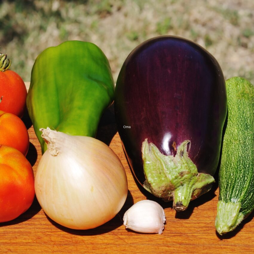 Tomatoes, pepper, eggplant, zucchini, onion and garlic on a cutting board.